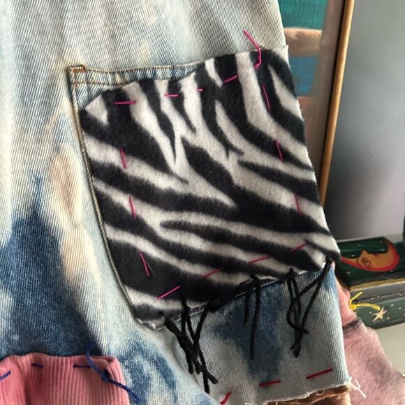 Upcycled Asymmetrical Tie-Dye Dress Denim Patchwork One Size Zebra - Picture 10 of 15